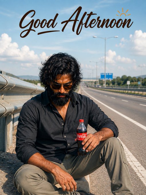 A man with curly hair and a beard sitting on a roadside barrier holding a Coca-Cola bottle, with 'Good Afternoon' written in cursive script at the top of the image.