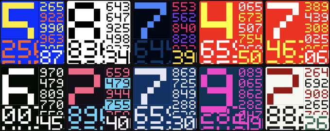 A digital display with colorful retro pixelated numbers ranging from 2 to 970 on various backgrounds.