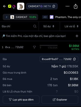 A cryptocurrency tracking app displays a token address ending in '72b92' with a market cap of $1.98M, up 1870%, and 176 buy transactions, with Vietnamese interface elements.