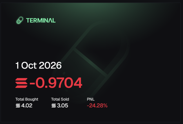 A financial dashboard titled 'TERMINAL' displaying a PNL of -0.9704 and a percentage of -24.28% as of 1 Oct 2026.