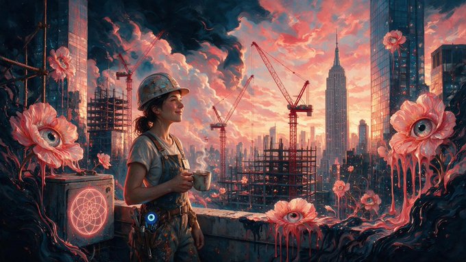 A stylized digital artwork depicting a woman in a hard hat and overalls holding a coffee mug, overlooking a surreal cityscape at sunset with pink flowers featuring eyeball centers and construction cranes.