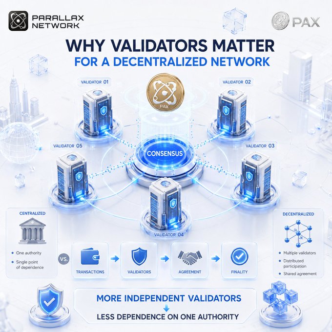 An infographic titled 'WHY VALIDATORS MATTER FOR A DECENTRALIZED NETWORK' by Parallax Network and PAX shows five validators connected to a central consensus hub, comparing centralized vs. decentralized systems with the message 'MORE INDEPENDENT VALIDATORS = LESS DEPENDENCE ON ONE AUTHORITY.'