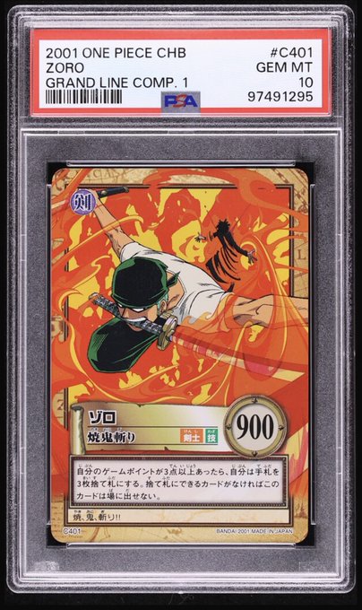 A PSA 10 GEM MT graded 2001 One Piece Card Game "Grand Line Comp. 1" Zoro trading card (card #C401, cert #97491295) featuring the character wielding his swords against a fiery orange background, found listed for sale on the phygitals marketplace.