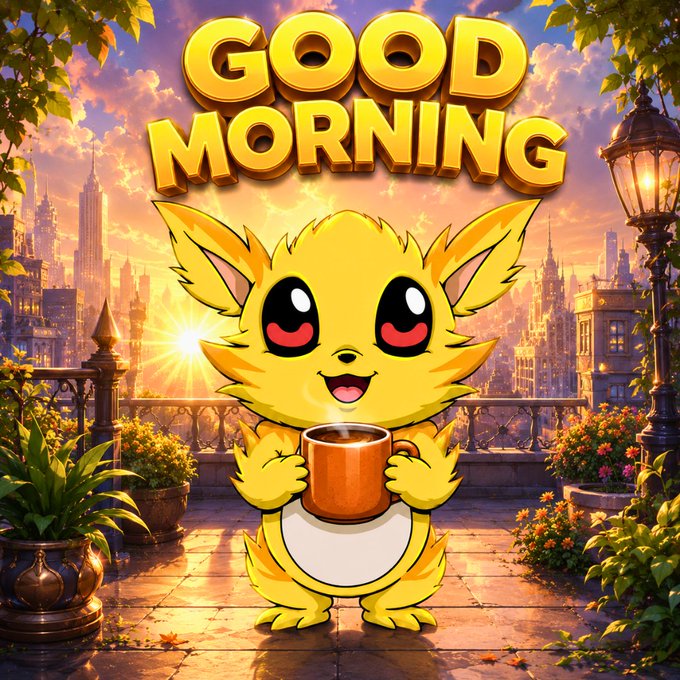 A cute yellow cartoon creature holds a mug of coffee on a sunlit balcony with the bold text 'GOOD MORNING' above against a city skyline.
