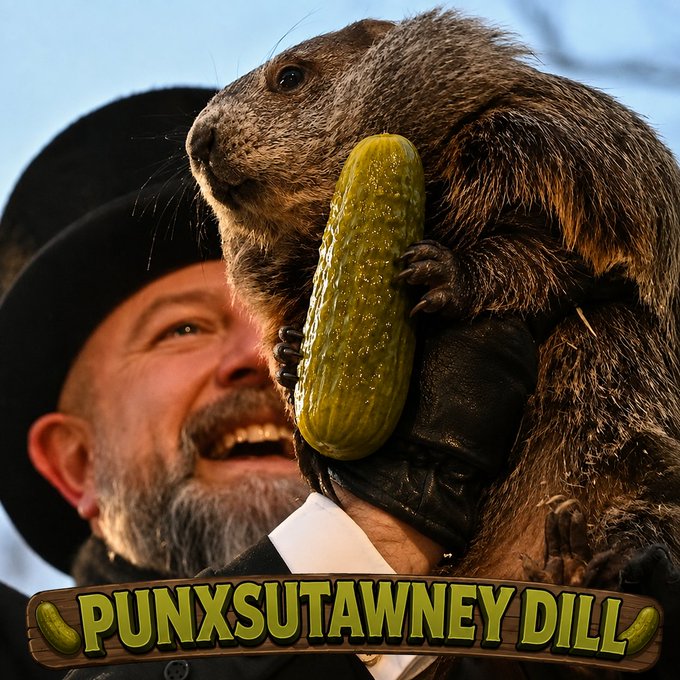 A groundhog holds a large pickle next to a smiling man in a black top hat, with a 'PUNXSUTAWNEY DILL' logo displayed at the bottom.