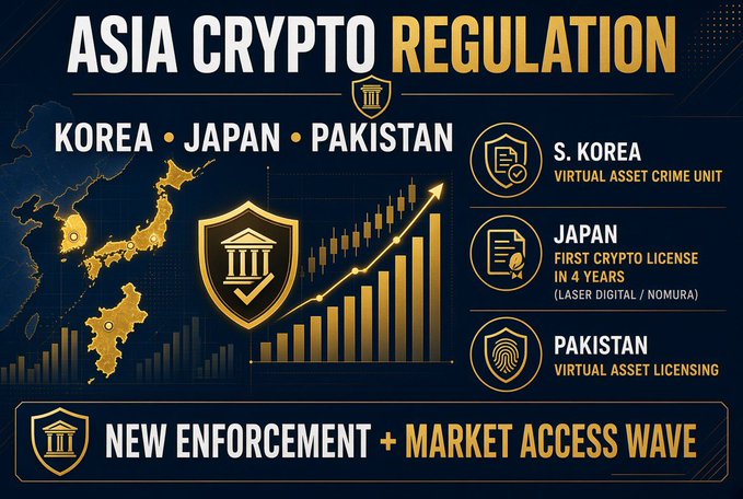 An infographic about 'ASIA CRYPTO REGULATION' covering Korea, Japan, and Pakistan, highlighting South Korea's Virtual Asset Crime Unit, Japan's first crypto license in 4 years, and Pakistan's Virtual Asset Licensing.