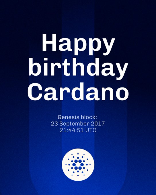 A blue graphic celebrating 'Happy birthday Cardano', noting the 'Genesis block: 23 September 2017, 21:44:51 UTC' with the Cardano logo.