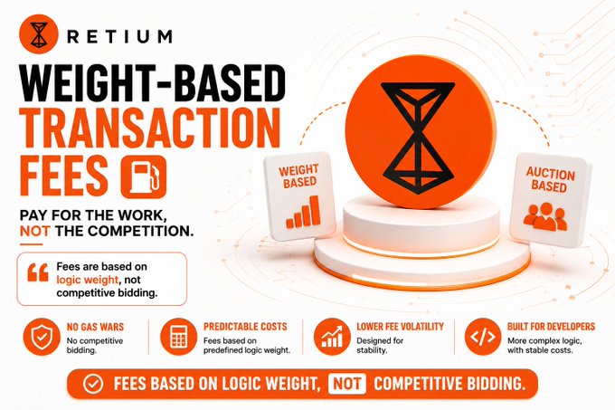 A graphic for Retium explains "Weight-Based Transaction Fees," contrasting weight-based logic pricing with auction-based competitive bidding, emphasizing no gas wars and predictable costs.