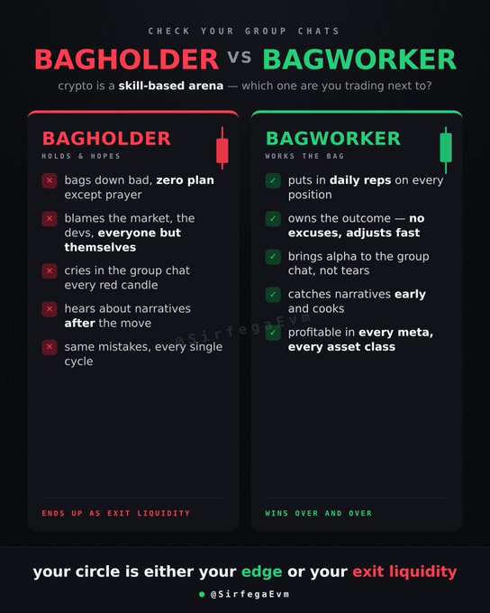 Infographic comparing 'BAGHOLDER vs BAGWORKER' in crypto trading, attributing negative traits like blaming the market to bagholders and positive traits like daily reps to bagworkers, tagged @SirfegaEvm.
