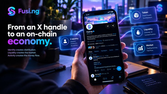 Promotional graphic for Fusi.ng with the tagline 'From an X handle to an on-chain economy,' showing a smartphone displaying the Fusi.ng Twitter/X profile alongside features for Token (Fixed Supply), Liquidity, Market, and X Identity.