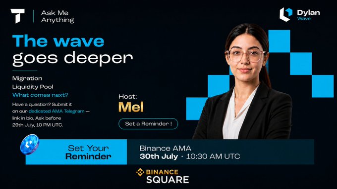 Promotional graphic for a Dylan Wave "Ask Me Anything" Binance AMA hosted by Mel on July 30th at 10:30 AM UTC, featuring a black-haired woman in glasses beside blue square graphics, with a Telegram question submission link and "Set Your Reminder" call-to-action. The image aligns with the post's announcement of the Binance Live AMA session featuring a $100 USDT giveaway, matching the date, time, host, and Binance Square branding.