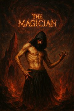 Cover art for "THE MAGICIAN" featuring a hooded, emaciated figure surrounded by dark, fiery imagery.