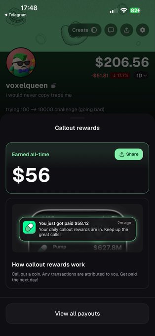 A mobile app screenshot showing a Voxelqueen crypto profile with callout rewards, displaying an earned all-time amount of $56 and a recent payment of $58.12.