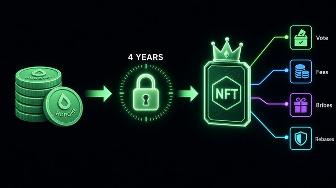 A cryptocurrency infographic showing HDRO tokens being locked for 4 years to mint an NFT that provides rights to Vote, Fees, Bribes, and Rebases.