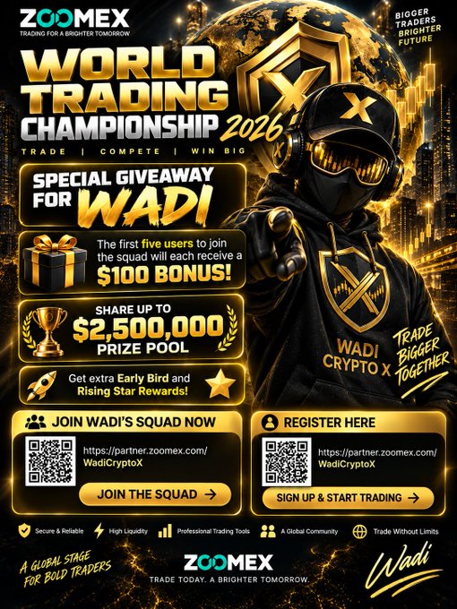 A promotional poster for the "ZoomEx World Trading Championship 2026" featuring a masked figure in black and gold gear, advertising a $100 bonus giveaway for Wadi's squad, a $2,500,000 prize pool, and registration via the ZoomEx partner link. The image aligns with the post's giveaway theme by promoting the "Special Giveaway for Wadi" and first-user bonus incentives.