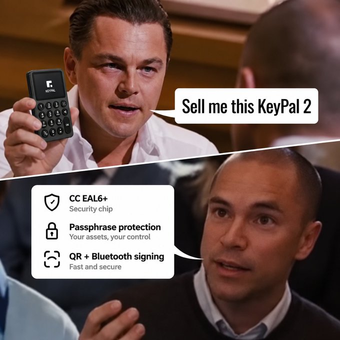 Meme-style advertisement using the 'Sell me this pen' scene featuring Leonardo DiCaprio to promote 'KeyPal 2,' highlighting features like CC EAL6+ security chip, passphrase protection, and QR + Bluetooth signing.