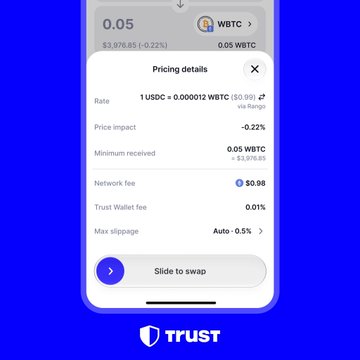 A screenshot of a Trust Wallet cryptocurrency swap interface showing pricing details for converting USDC to WBTC, with a "Slide to swap" button.