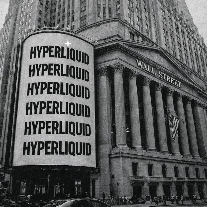 A black and white photograph of a grand neoclassical building on 'WALL STREET' with a large cylindrical sign attached displaying the word 'HYPERLIQUID' repeated multiple times in bold black letters.