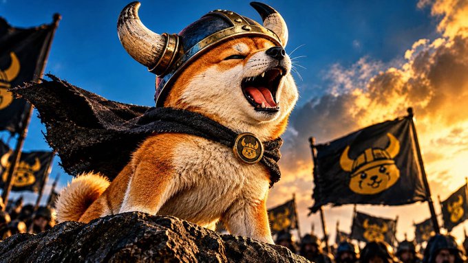 A digital illustration of a Shiba Inu dog wearing a Viking helmet with horns and a cape, barking triumphantly while perched on a rock with banners flying behind it at sunset.