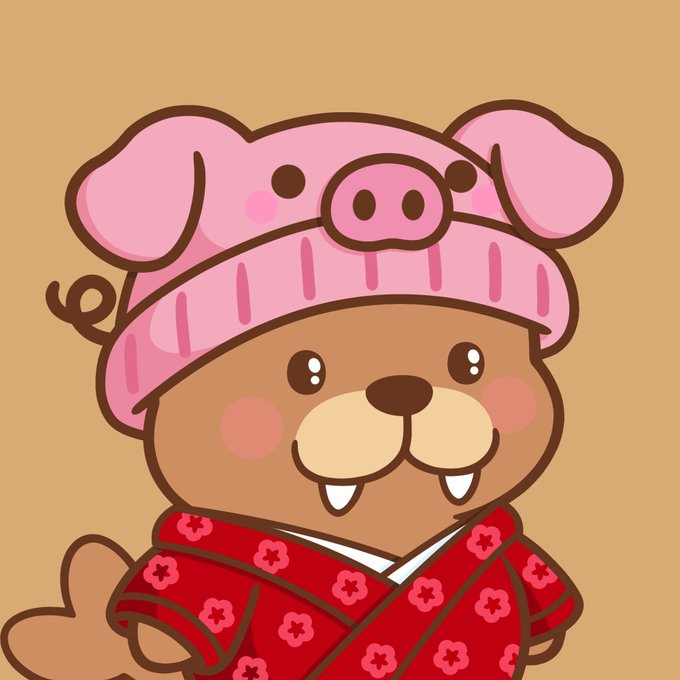A cute cartoon illustration of a brown beaver wearing a pink pig-themed hat and a red floral kimono against a yellow background.
