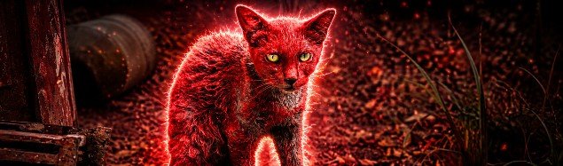 A digitally stylized cat with glowing red fur and yellow eyes crouching in a dark, red-toned environment near a wooden post.