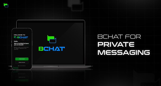 An advertisement for BCHAT displaying a smartphone and laptop with the BCHAT logo, promoting it as 'BCHAT FOR PRIVATE MESSAGING'.