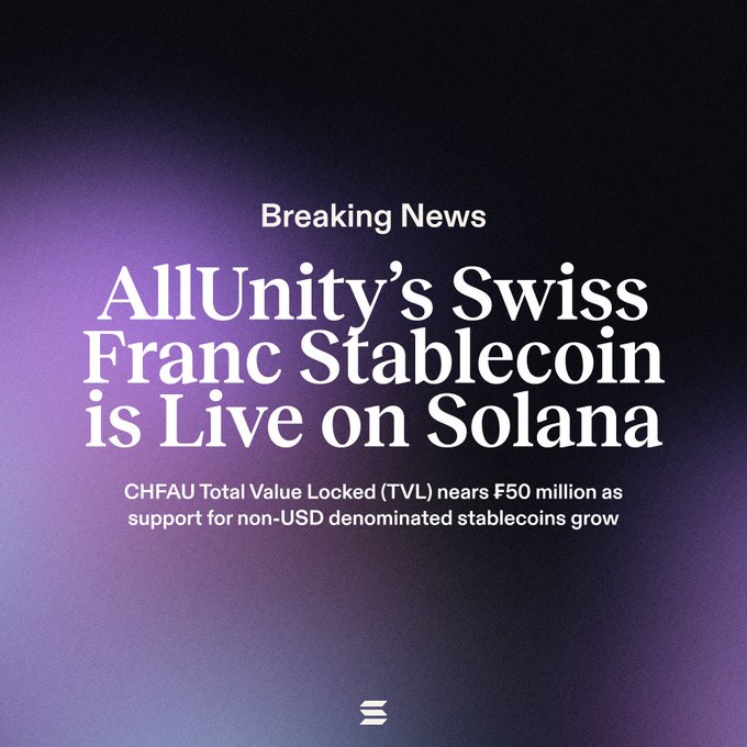 A 'Breaking News' graphic announces 'AllUnity's Swiss Franc Stablecoin is Live on Solana', noting that CHFAU Total Value Locked nears F50 million.