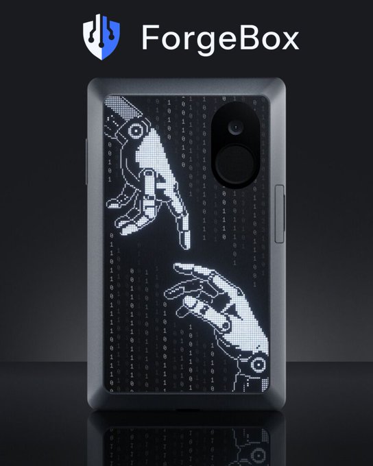 A smartphone case featuring a pixelated "Creation of Adam"-style design with robotic hands reaching toward each other against a binary code background is displayed under the "ForgeBox" logo. The artwork visually reinforces the post's message of developer freedom and customization, symbolizing human-like hands connecting with machine/code to represent the open, programmable nature of the ForgeBox hardware wallet.