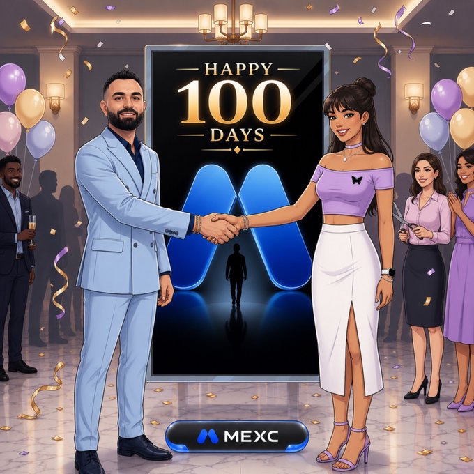 A celebratory illustration marks MEXC's "Happy 100 Days" milestone with a man and woman shaking hands in front of a large M logo banner, surrounded by balloons, confetti, and onlookers in formal attire, with the MEXC logo displayed at the bottom.