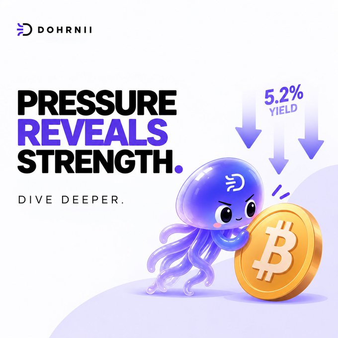 Promotional graphic for Dohnii cryptocurrency featuring a purple octopus mascot holding a Bitcoin coin, with the text 'PRESSURE REVEALS STRENGTH. DIVE DEEPER.' and '5.2% YIELD' displayed.