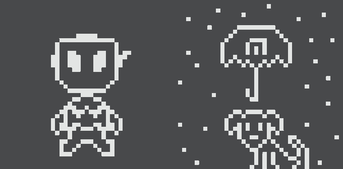A pixel art image depicting a small robot character on the left and an octopus-like creature holding an umbrella on the right, surrounded by pixelated dots.