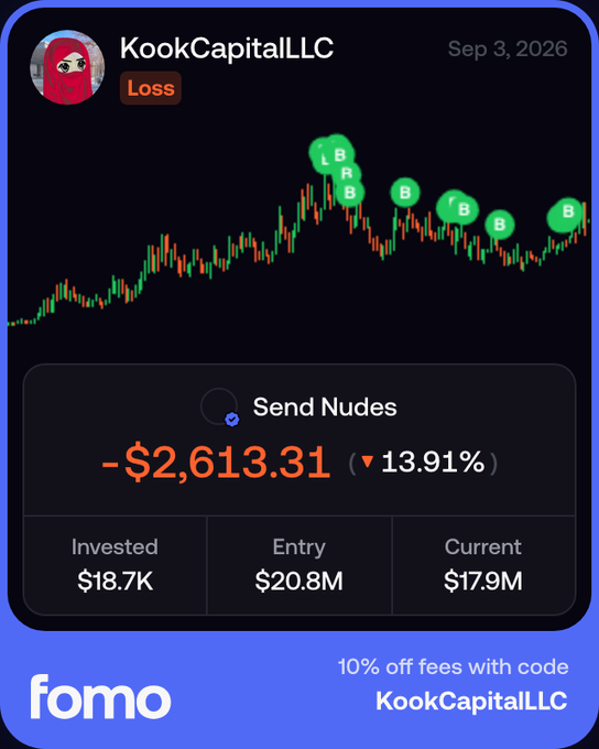 This image appears to be a promotional graphic or trading portfolio card from "fomo" displaying a user's trade activity under the username "KookCapitalLLC" dated Sep 3, 2026. The card shows a candlestick chart of a position labeled "Send Nudes" with marked buy (green "B") and exit points, recording a loss of -$2,613.31 (a 13.91% decline), with an entry market cap of $20.8M dropping to $17.9M on an $18.7K investment. The graphic relates to the post about dollar-cost averaging into the "$NUDES" token, humorously illustrating that despite the trader's optimistic "I think it's a good one, let's see" sentiment, the position is currently underwater, making it a self-deprecating promotion of the fomo platform using referral code "KookCapitalLLC" for 10% off fees.