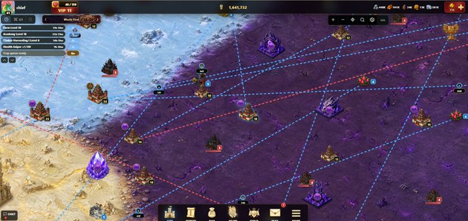 A screenshot from a mobile strategy game shows a map with various castles, resource nodes, and dotted blue lines indicating alliance or march routes.