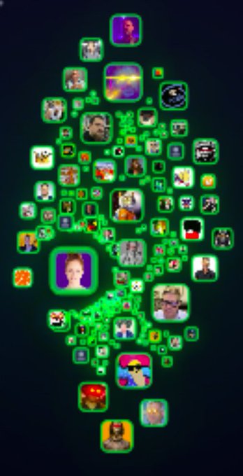 A digital collage shaped like a dollar sign composed of numerous small profile pictures and icons with green outlines on a dark background.