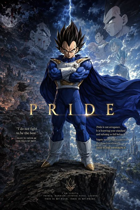 A Vegeta-themed poster with the word "PRIDE" displaying quotes like "I do not fight to be the best" and "Pride is not arrogance," set against a dramatic stormy sky.