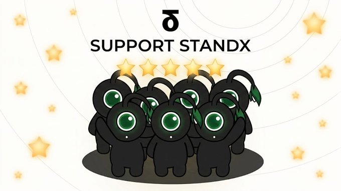 A group of black cartoon characters with green eyes stand together with text 'SUPPORT STANDX' and a Taurus symbol displayed above them among gold stars.