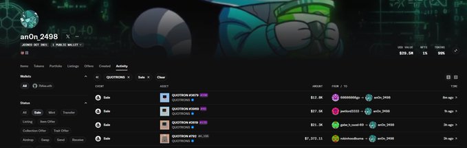 A screenshot of an NFT marketplace activity page showing the wallet 'an0n_2498' with recent Quadroids #1879, #1900, #1949, and #702 sales ranging from ~$17.04 to $39.00.