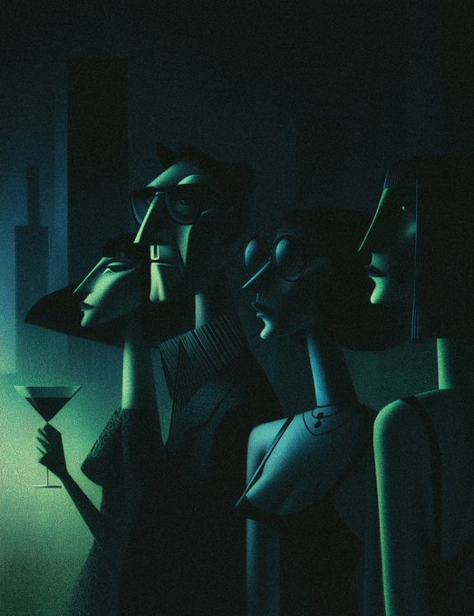 A dark, stylized digital illustration shows four characters with elongated features, sunglasses, and a martini glass in a green-tinted, moody setting.
