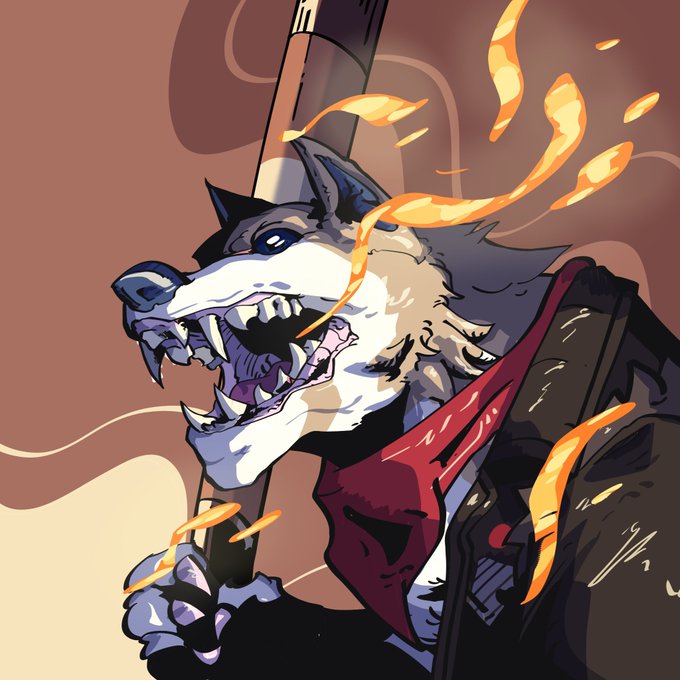An illustration of an anthropomorphic wolf or dog character with an open mouth, holding a pole, surrounded by stylized flames.