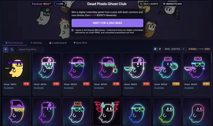 Screenshot of the Dead Pixels Ghost Club Forever Mint page showing various pixel ghost NFT collectibles available to mint for 4,350 HBAR on the SentX marketplace.