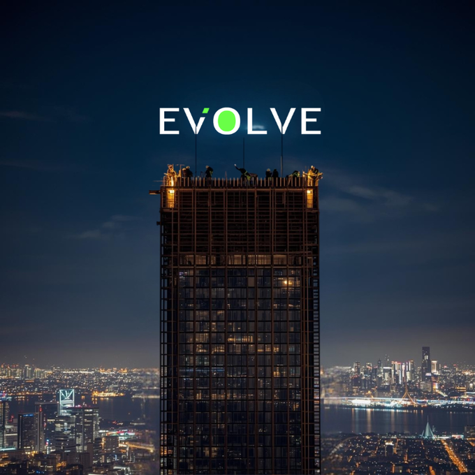 The image shows a skyscraper under construction at night with a city skyline in the background, featuring the word "EVOLVE" in white text with a green accent at the top of the building. The illuminated, unfinished tower visually reinforces the post's theme of emerging institutional infrastructure for RWA tokenization across regulated markets like Dubai, Hong Kong, and Singapore.