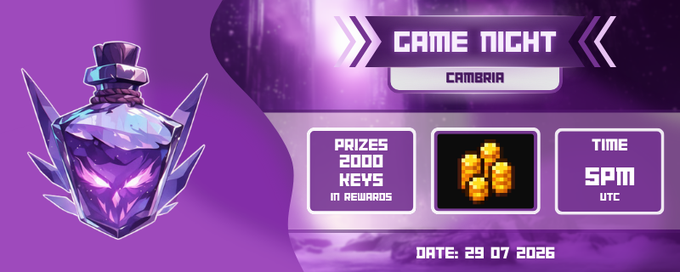 A promotional graphic for 'Game Night' featuring a purple potion bottle, offering 2000 Keys in rewards at 5PM UTC on date 29/07/2026.