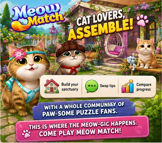 The image is a promotional graphic for the mobile game "Meow Match," featuring three cartoon cats in a colorful garden setting with the headline "CAT LOVERS, ASSEMBLE!" It highlights game features like "Build your sanctuary," "Swap tips," and "Compare progress," with text inviting players to join a community of puzzle fans and play the game via the link in the post.