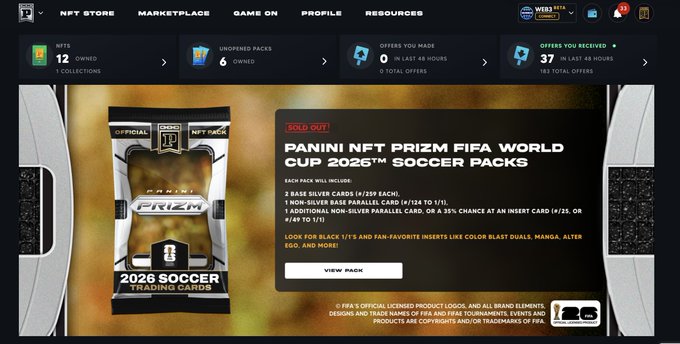 The image shows a Panini NFT marketplace interface featuring a sold-out "2026 Prizm FIFA World Cup Soccer Packs" promotion, with the user's profile indicating 12 NFTs owned across 1 collection and 37 offers received in the last 48 hours. The caption references the post's sentiment by highlighting that despite receiving 37 offers on their NFTs, the marketplace still displays the packs as "sold out," suggesting the user is playfully comparing the marketplace activity to peak 2021 NFT hype while noting the irony of high offer volume on their own assets.