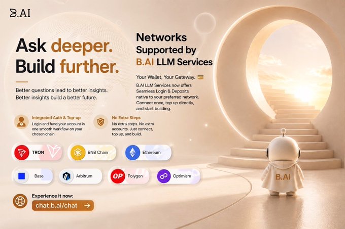 A promotional graphic for B.AI LLM Services featuring the tagline "Ask deeper. Build further." and "Networks Supported by B.AI LLM Services," showcasing a small robot character climbing illuminated stairs while highlighting seamless login and deposits across supported chains including TRON, BNB Chain, Ethereum, Base, Arbitrum, Polygon, and Optimism, with a call-to-action directing users to chat.b.ai/chat. The image visually reinforces the post's message by symbolizing how B.AI removes friction—using your wallet as a direct gateway to AI services without extra steps, so you can focus on building rather than navigating complex onboarding.