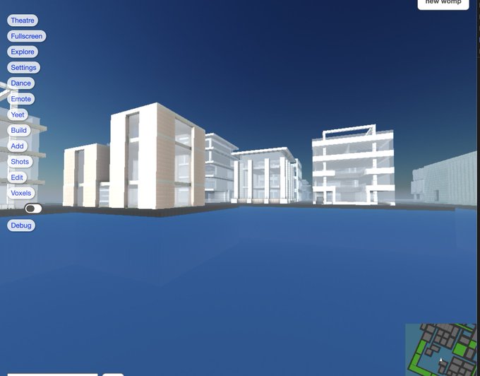 The image appears to be a screenshot from a 3D city-building or simulation software (possibly Urban PAD or similar), showing modern apartment complexes rendered against a blue sky. The "Thinking about lakes" post likely refers to the prominent blue background that resembles a large body of water surrounding the architectural models, while the visible menu options ("Theatre," "Fullscreen," "Settings," "Dance," "Build," "Shots," "Edit," "Voxels") and minimap in the corner confirm this is an interactive 3D design tool.