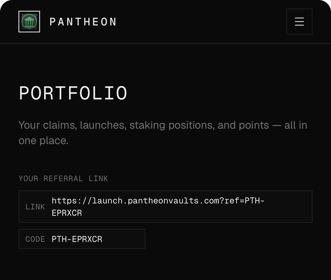 A dark-themed website interface for 'PANTHEON' displays a 'PORTFOLIO' section with a referral link: https://launch.pantheonvaults.com?ref=PTH-EPRXCR and code PTH-EPRXCR.