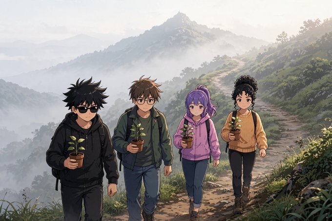 An anime-style illustration of four young people in casual clothing, each holding a small potted plant, walking on a dirt path through a misty mountainous landscape.