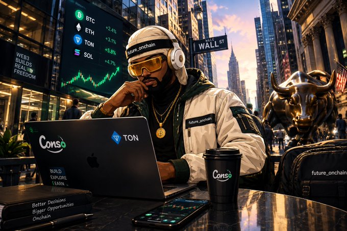 A crypto trader wearing "future_onchain" branded gear and yellow-tinted goggles sits at a Wall Street café, working on a laptop displaying "Consq" and "TON" logos, while a stock board shows BTC (+2.4%), ETH (+3.1%), TON (+5.8%), and SOL (+4.7%) alongside the iconic Wall St sign and Charging Bull statue. The image visually reinforces the post's theme of Telegram evolving into an onchain gateway powered by @ton_blockchain, symbolizing the convergence of traditional finance and crypto accessibility.
