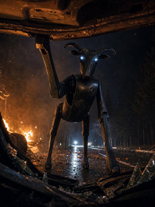 A dark, cinematic image of a horned, goat-like creature with glowing eyes standing in a fiery, apocalyptic landscape under the chassis of a vehicle.
